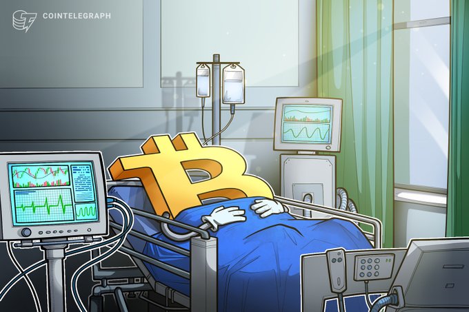 A Cointelegraph cartoon illustration showing the Bitcoin '₿' symbol as a patient lying in a hospital bed connected to IV drips and heart monitors displaying green charts, metaphorically depicting Bitcoin as being on life support.