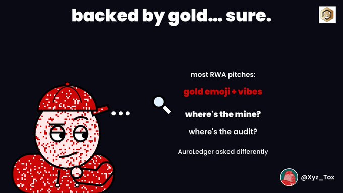 A pixel art-style meme features a character in red asking questions, with text reading 'backed by gold... sure.', 'most RWA pitches: gold emoji + vibes', and crediting @Xyz_Tox, referencing AuroLedger.