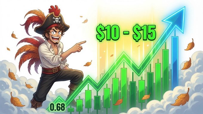 A cartoon pirate in a feathered hat excitedly points toward an upward-trending green chart with text showing '$10 - $15' and '0.68'.
