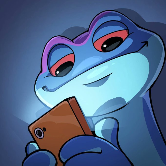 An illustration of a smug-looking blue frog character holding a smartphone with brown casing.
