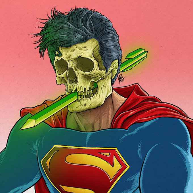An illustrated comic book style artwork depicts Superman with a green skull face, dark hair, and a green kryptonite arrow piercing through his skull while he bites down on the crystal.