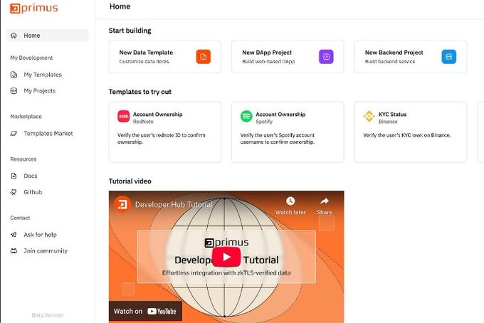 A dashboard screenshot of the Primus platform interface, showing options like 'New Data Template', 'New DApp Project', and a 'Developer Hub Tutorial' video.