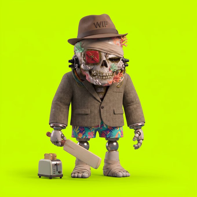 A 3D render of a stylized skeleton figure wearing a brown suit jacket, colorful tropical shorts, and a hat labeled 'WIF', holding a large meat cleaver with a toaster beside it.
