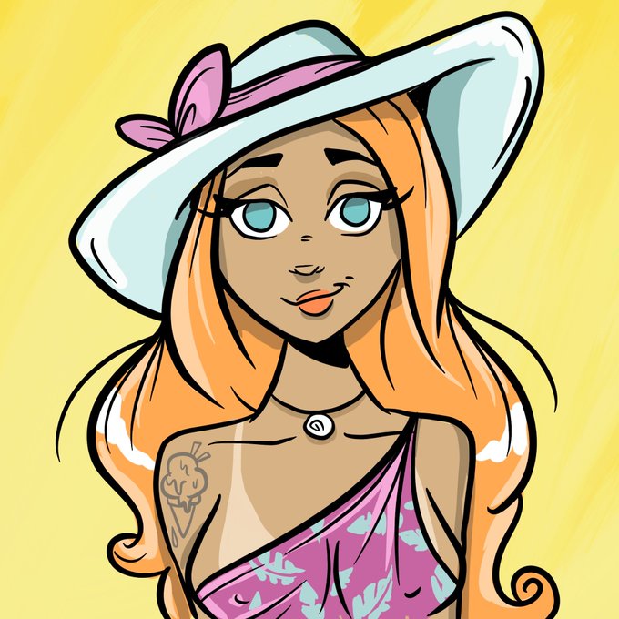 A cartoon-style digital illustration of an orange-haired woman wearing a sun hat and a pink floral top, with a rose tattoo on her shoulder.