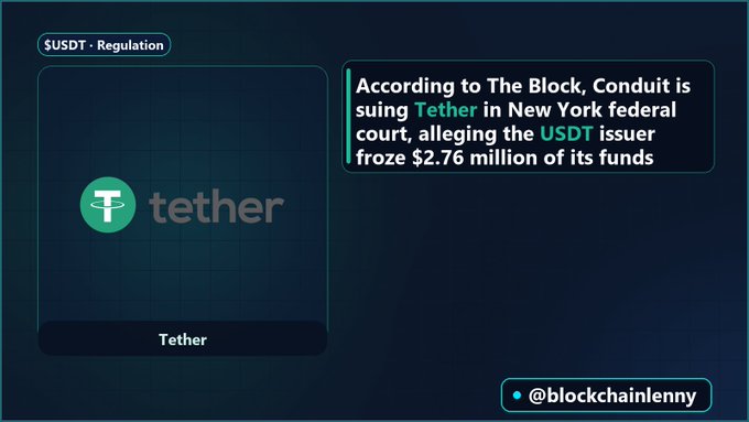 A graphic about USDT regulation stating that according to The Block, Conduit is suing Tether in New York federal court, alleging the USDT issuer froze $2.76 million of its funds, tagged @blockchainlenny.