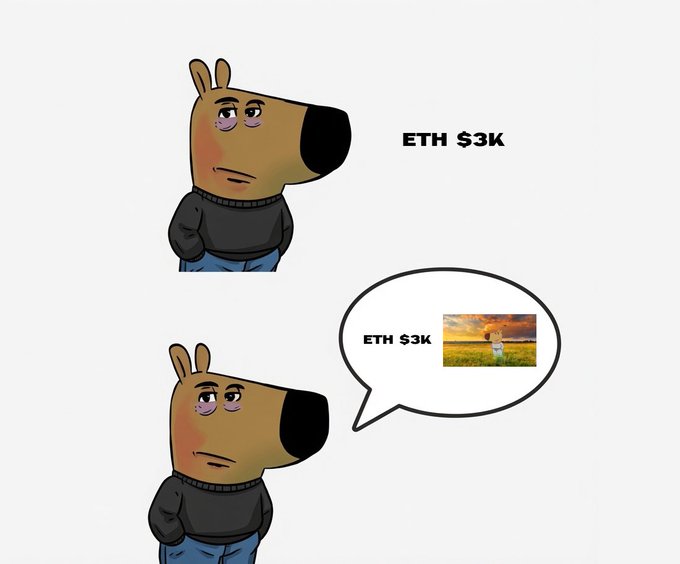 The image features two cartoon dogs, one wearing a black sweater and jeans with a sad expression, while the other has a blue sweater and is smiling. Above them, there's a speech bubble that says "ETH holders now:". The caption below the image reads "ETH $3.34k", which is related to the post about Ethereum holders.
