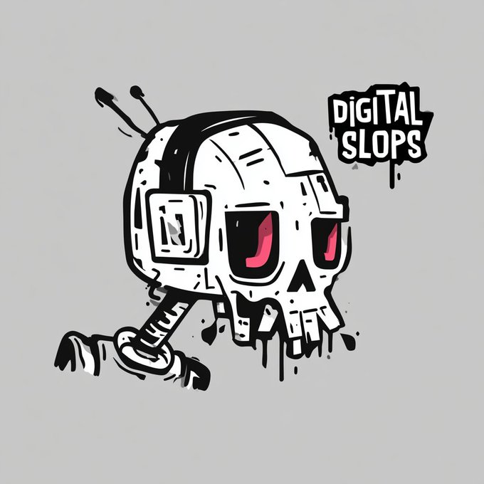 "Digital Slops" is written above a black and white illustration of a skull wearing headphones, which appears to be a cartoon or comic style drawing.