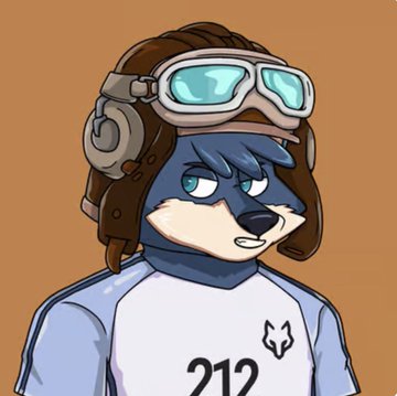 An anthropomorphic wolf character wearing a brown aviator helmet with goggles and a white shirt with the number '212' printed on it.