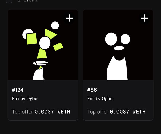 A NFT marketplace listing showing two items titled 'Emi by Ogbe' (#124 and #86) with top offers of 0.0037 WETH each, displayed in a dark-themed interface.