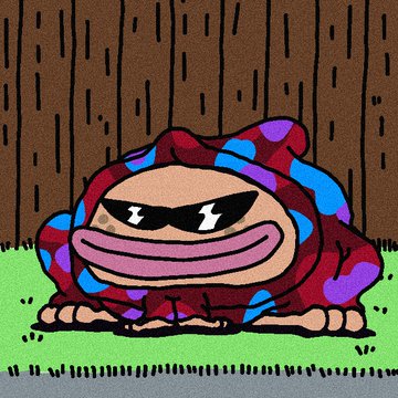 An illustration of a grumpy-looking frog wearing a red, blue, and purple camouflage hoodie, sitting in front of a wooden fence.