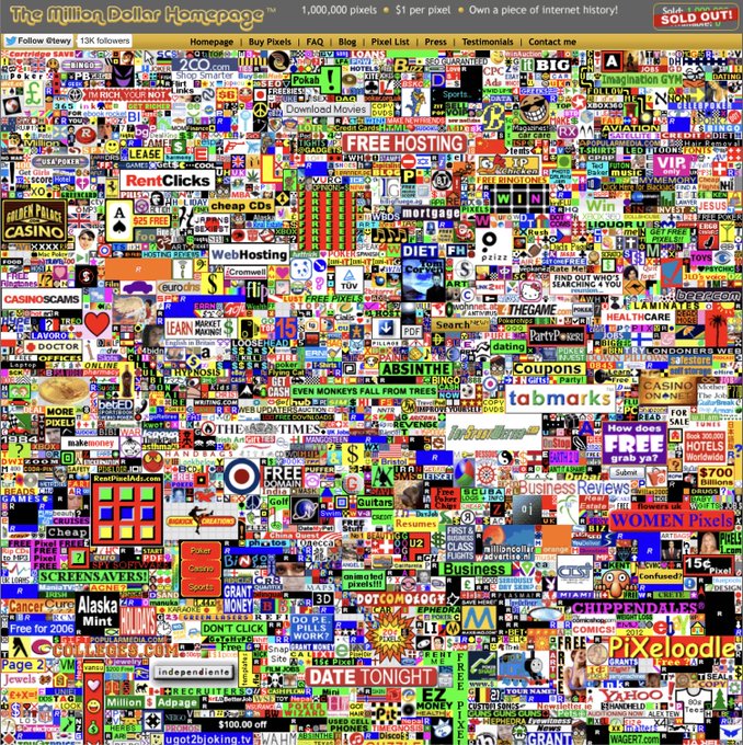 The iconic Million Dollar Homepage - a famous internet artifact featuring a 1,000,000 pixel grid sold at $1 per pixel as 'Your piece of internet history!' - now entirely sold out, displaying a chaotic mosaic of vintage advertisements, logos, and pixel art ads.
