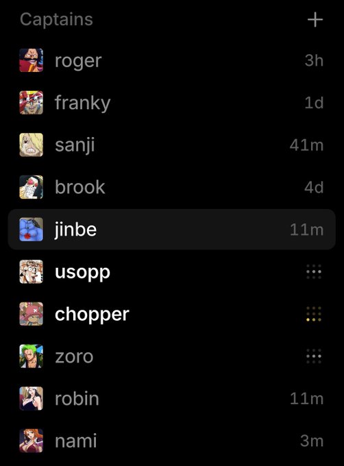 A Discord or similar chat app interface showing a 'Captains' channel with One Piece character usernames including roger, franky, sanji, brook, jinbe (currently highlighted), usopp, chopper, zoro, robin, and nami, each with their own avatar.