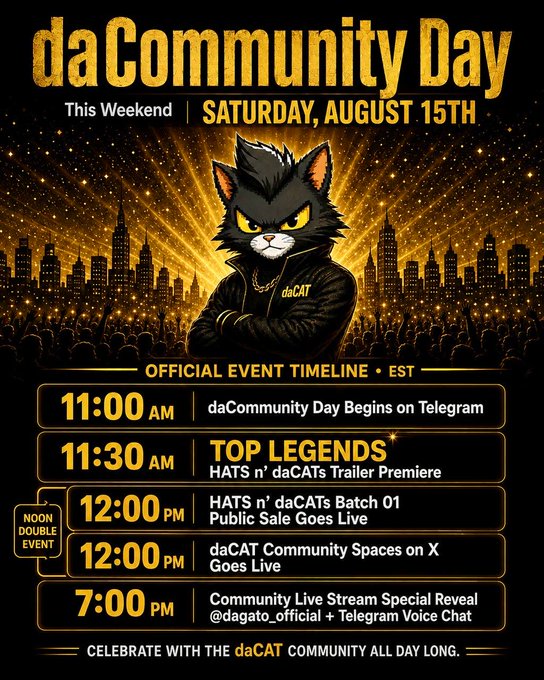 An event poster for 'daCommunity Day' on Saturday, August 15th featuring a tough-looking cat character wearing a leather jacket, with an official event timeline listing activities from 11:00 AM to 7:00 PM including a 'HATS n' daCATS' public sale.