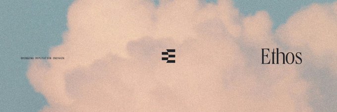 The image features the text "BRINGING REPUTATION ONCHAIN" on the left and "Ethos" on the right, with a hamburger menu icon centered against a soft, dreamy background of blue sky and pink clouds. This appears to be a header or branding graphic for Ethos, a platform focused on bringing reputation onchain, which aligns with the post mentioning their upcoming sale and scheduling availability on sale.ethos.network.