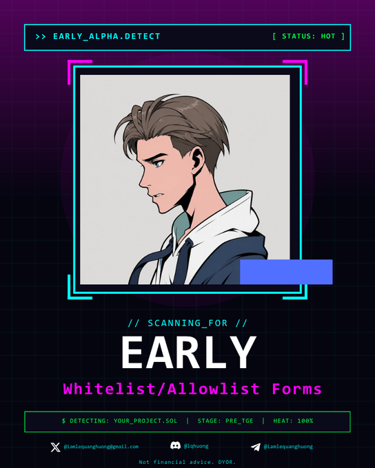 A digital poster titled "EARLY_ALPHA.DETECT" with a status of "HOT" displays an anime-style illustration of a young man, with the caption "// SCANNING_FOR // EARLY Whitelist/Allowlist Forms" to promote several NFT whitelist opportunities.