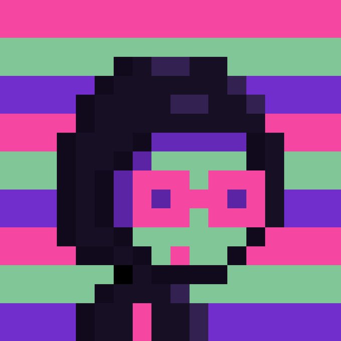 A pixel art illustration of a figure wearing pink sunglasses against a striped background in pink, green, and purple.