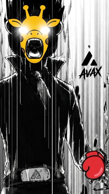 A dark, manga-style illustration features a figure in a black suit wearing a yellow giraffe headpiece with glowing eyes and an open, screaming mouth, holding red boxing gloves, with the text 'AVAX' visible in the upper right.