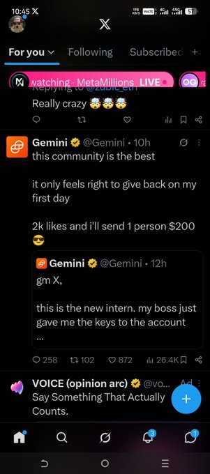 Screenshot of an X (Twitter) feed showing tweets from @Gemini and VOICE, with one tweet mentioning 'MetalMillions LIVE' and Gemini's post offering $200 for likes.
