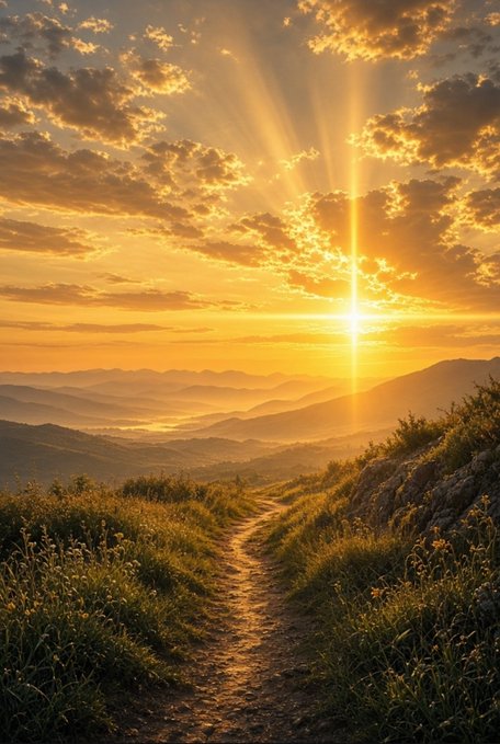 A scenic landscape photograph of a dirt path winding through wildflowers on a hillside, overlooking misty mountains under a golden, sunburst-filled sky.
