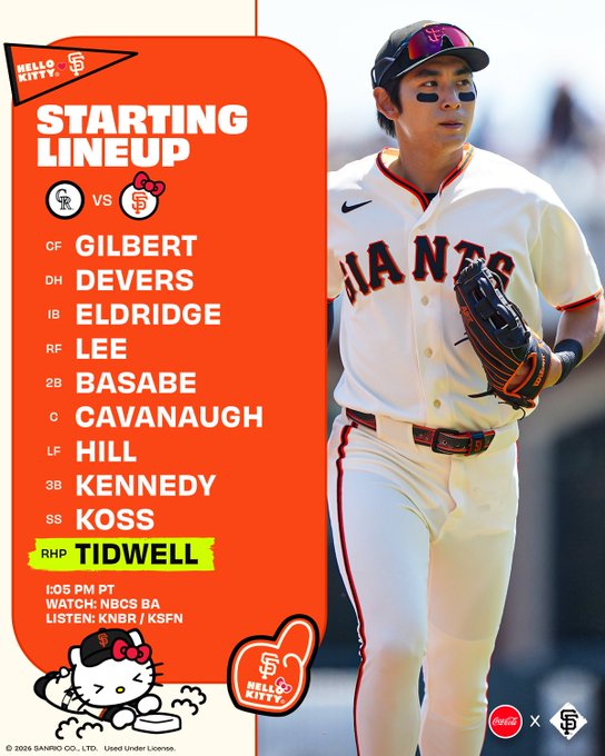 The image is a "Starting Lineup" graphic for the San Francisco Giants baseball game against the Colorado Rockies, featuring the team's batting order (Gilbert, Devers, Eldridge, Lee, Basabe, Cavanaugh, Hill, Kennedy, Koss) and starting pitcher Tidwell. The graphic has a Hello Kitty x SF Giants collaboration theme, decorated with Hello Kitty branding, a foam finger, and "Hello Kitty" imagery in the corner, tying into the post's playful reference to "$KITTY" as a "boy coin" alongside the male athletes in the lineup.