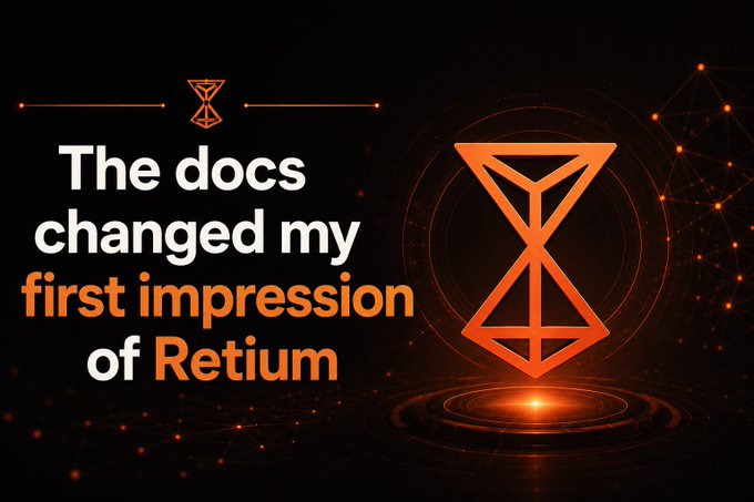 Dark promotional graphic with orange accents reading 'The docs changed my first impression of Retium' alongside a geometric logo.