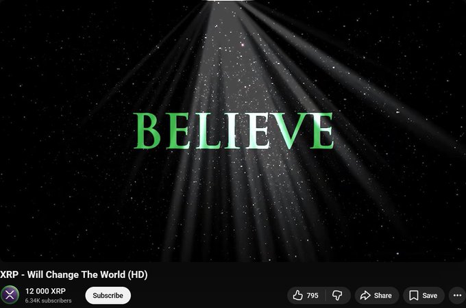 The image features a large, bright green word "Believe" written in white letters against a black background with rays of light shining from above. The word "LIE" is highlighted in green, and there are two Ripple logos present on the bottom right corner of the screen.