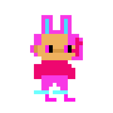 Pixel art of a character with magenta ears and hair accessories, wearing a red and pink outfit, with a tan face and black eyes.