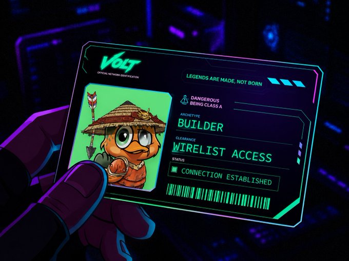 Illustration of a Volt Network identification card displaying a cartoon character labeled as a 'BUILDER' with 'WIRELIST ACCESS' clearance.