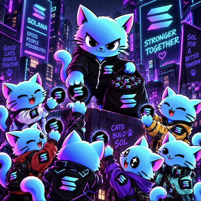 A vibrant neon illustration features anthropomorphic blue cats in streetwear distributing Solana-branded coins in a cyberpunk city setting, with slogans like 'SOLANA', 'STRONGER TOGETHER', and 'CATS BUILD SOL'.