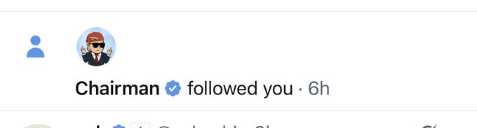 A social media notification shows that an account named "Chairman" with a verified blue checkmark followed the user 6 hours ago, with a second partially visible verified account below. The notification accompanies a post where the author mentions taking time off X to build during the bear market and focusing on tokenomics before sharing updates.