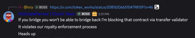A Discord screenshot from @izzy in the Clutch Team channel shows a BOSS message stating "If you bridge you won't be able to bridge back I'm blocking that contract via transfer validator. It violates our royalty enforcement process. Heads up." The image relates to the accompanying post about royalty enforcement violations, specifically warning that the $STONKBROKER NFT purchased by Rhynotic will essentially be worth $0 due to a bridge violation.
