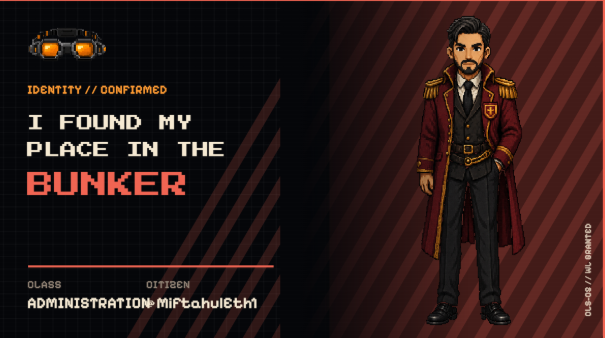 A digital illustration of a character in a red coat with text reading 'I FOUND MY PLACE IN THE BUNKER' and 'CLASS ADMINISTRATION-MFtahuZth'.