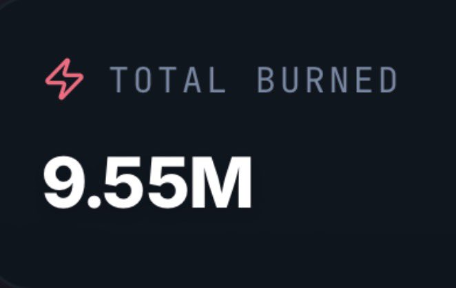 A dark digital dashboard displays 'TOTAL BURNED' with the amount '9.55M' next to a red lightning bolt icon.