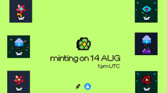 The image is a promotional graphic with a green background announcing "minting on 14 AUG 1pm UTC," featuring pixel-art robots and Fleurhood characters, with the accompanying post reminding viewers that minting begins in 12 hours and encouraging them to check wallet eligibility for the upcoming mint and subsequent $FLEURHOOD airdrop.