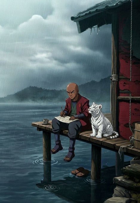 The image features a man sitting on a wooden dock with his white tiger cat companion. The scene takes place during a rainy day at sea, as evidenced by the wet dock and surrounding water. The man appears to be reading something out loud while seated in front of him, possibly a book or a piece of paper. The post also includes an image of a river and text that reads "good morning frens its mid week and rainy asf, wbu? btw hope we are stacking $RIVER".