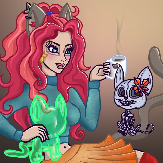 A digital illustration of a woman with pink hair and cat ears holding a glowing green cat and a coffee mug, sitting next to a grinning skeletal creature with a red bow.