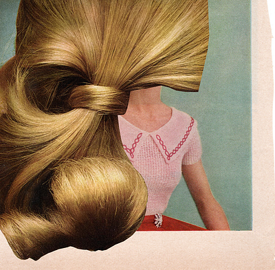 A vintage-style collage showing a girl in a pink top with a disproportionately large, realistic blonde hair piece obscuring her face.
