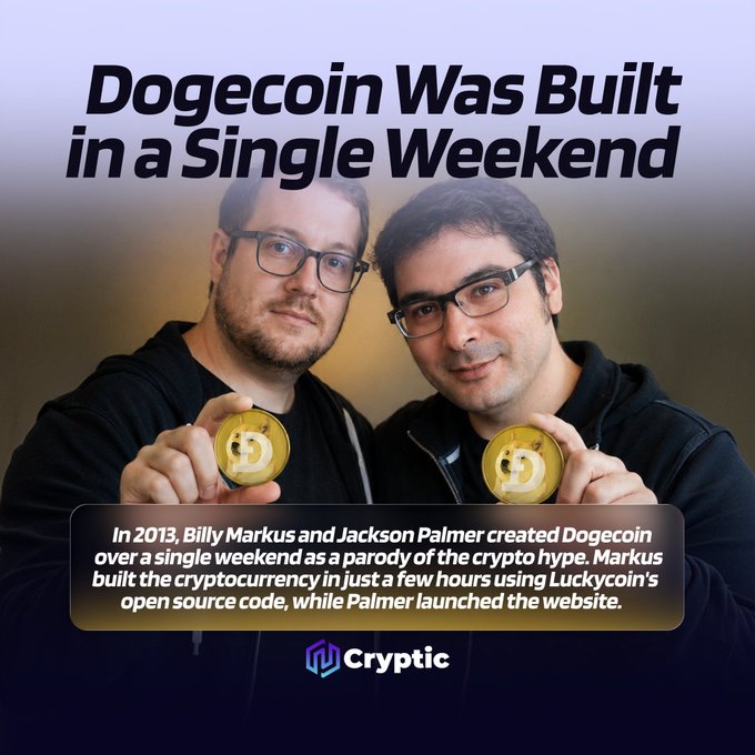 Two men hold up gold Dogecoin tokens in front of a purple gradient background, beneath the bold headline "Dogecoin Was Built in a Single Weekend." A caption at the bottom explains how Billy Markus and Jackson Palmer created the cryptocurrency in 2013 as a parody, with Markus coding it in a few hours using Luckycoin's open source code while Palmer launched the website.