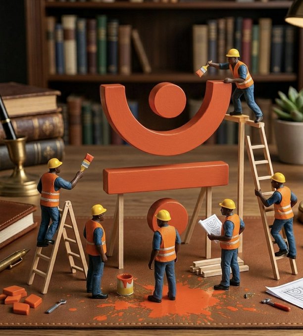 A team of miniature construction workers in safety vests and hard hats collaborates to build a large orange "J" logo on wooden scaffolding, surrounded by spilled paint cans and design sketches on a desk. The image visually represents the post's message about community-driven construction, symbolizing how $JST empowers users to actively build and shape the JUST blockchain ecosystem through collective participation and governance.