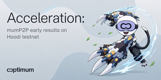 A cartoon monkey character with clawed gauntlets and a tail appears in front of a splash effect beside the text "Acceleration: mumP2P early results on Hoodi testnet" and the Optimum logo.

The image's "Acceleration" tagline and Hoodi testnet reference visually reinforce the post's announcement of Optimum's mumP2P achieving faster block propagation compared to traditional Gossipsub on Ethereum's new testnet.