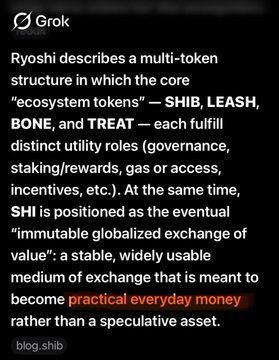 A Grok X (formerly Twitter) post explaining Ryoshi's multi-token ecosystem structure involving SHIB, LEASH, BONE, and TREAT tokens, highlighting SHIB's positioning as 'practical everyday money' from blog.shib.