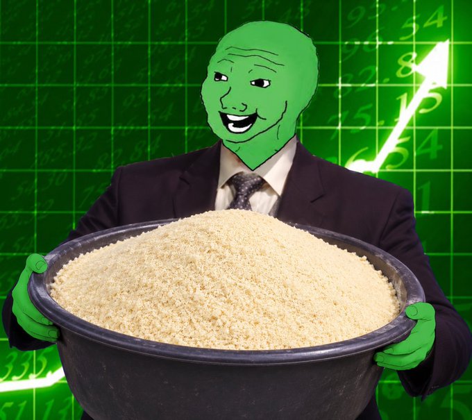 The Wojak meme character wearing a suit holds a large black bowl filled with powder, set against a green background with an upward-trending line chart and numbers.