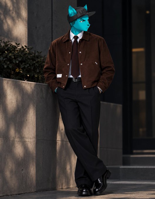 A person wearing a brown jacket, dark trousers, a tie, a black cap, and a bright blue full-face mask or helmet with cat ears.