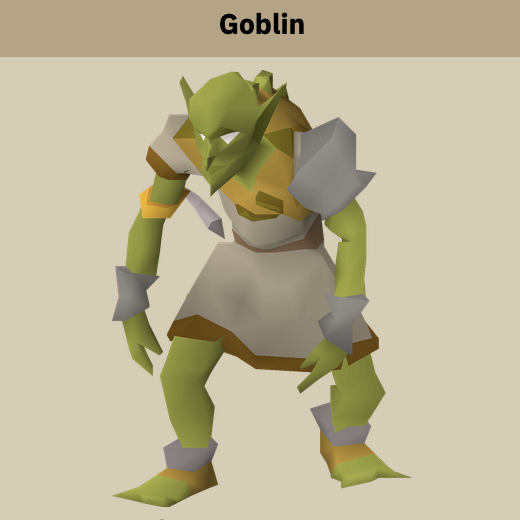 A 3D rendered Goblin character from a video game, featuring green skin, pointed ears, and armor with shoulder pads, wrist guards, and boots.