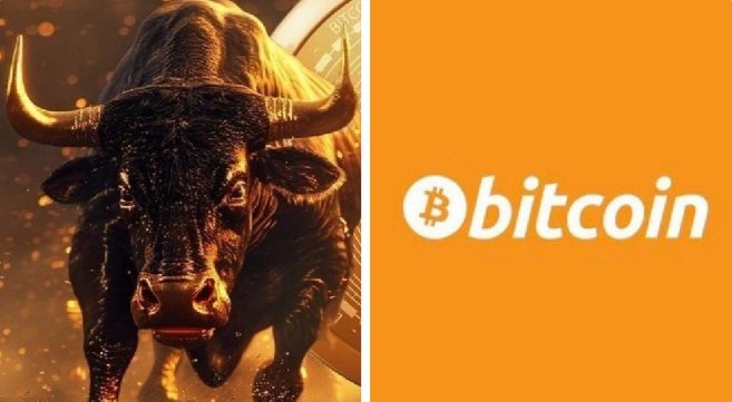 The image features a powerful bull charging forward with golden lighting and a Bitcoin coin visible in the background, alongside the "₿bitcoin" logo on an orange backdrop—symbolizing bullish momentum and significant whale accumulation of Bitcoin as referenced in the accompanying post.