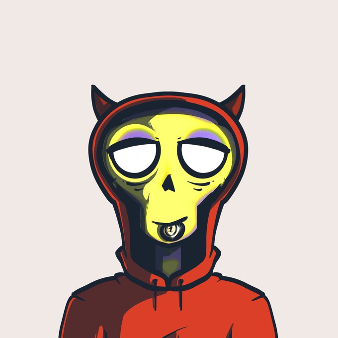 An animated character with a yellow face, white eyes, small horns, and a red hoodie looks forward against a plain background.