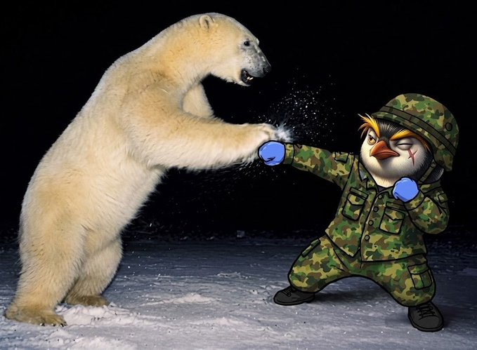 The user wants a concise caption for the image.
I need to describe the visual content: a polar bear and a cartoon penguin in military gear fighting.
I also need to consider the context provided in the prompt ("Good morning, X-Family! New day, new pump, Time to stack sats, Rebound loading… Let’s go!").

**Visual Analysis:**
- **Subject 1:** A large, realistic-looking polar bear standing on its hind legs. It appears to be mid-punch or about to strike.
- **Subject 2:** A cartoon penguin dressed in a green camouflage military uniform and helmet. It has an angry expression, an 'X' mark on its cheek, and is wearing blue boxing gloves.
- **Action:** The penguin is punching the polar bear's hand/paw. There are sparks or impact effects where they meet.
- **Setting:** A snowy/icy ground with a black background, suggesting a night scene or studio shot