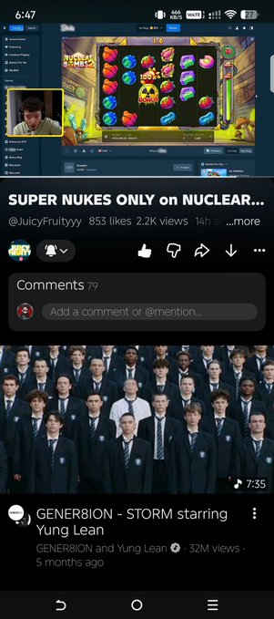 A YouTube mobile screenshot showing a video titled 'SUPER NUKES ONLY on NUCLEAR...' by @JuicyFruityyy, followed by a recommended video 'GENER8ION - STORM starring Yung Lean'.