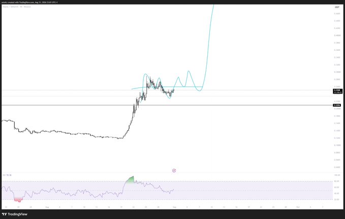 A TradingView chart of VeChain (VET/USD) on Coinbase displays a sharp price spike from around $0.024 to nearly $0.046, followed by consolidation near resistance around $0.046, with the RSI indicator in the lower panel showing a recent bullish crossover—illustrating the reclaim setup referenced for the chart's subject.