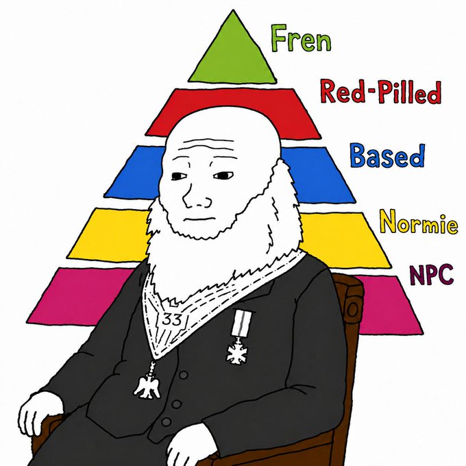 A "Doomer" meme character (bald man with a long beard in a suit with a "33°" Masonic collar) sits before a pyramid ranking from top to bottom: "Fren" (green), "Red-Pilled" (red), "Based" (blue), "Normie" (yellow), and "NPC" (pink)—a tier hierarchy encouraging viewers to "ascend fren" by rising toward the highest rank of "Fren."